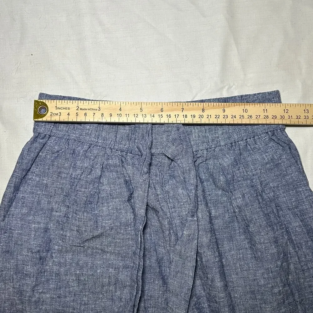 Zara Womens XS‎  Linen crop elastic waist pants Blue Chambray Pull On